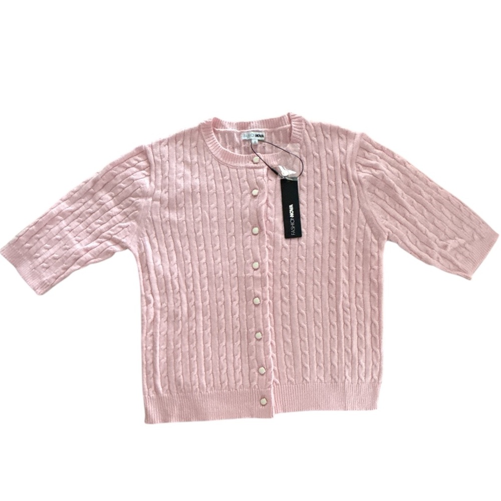Women’s Pink Cable Knit Cardigan Sweater 3/4 Sleeves button up size medium - Picture 4 of 4
